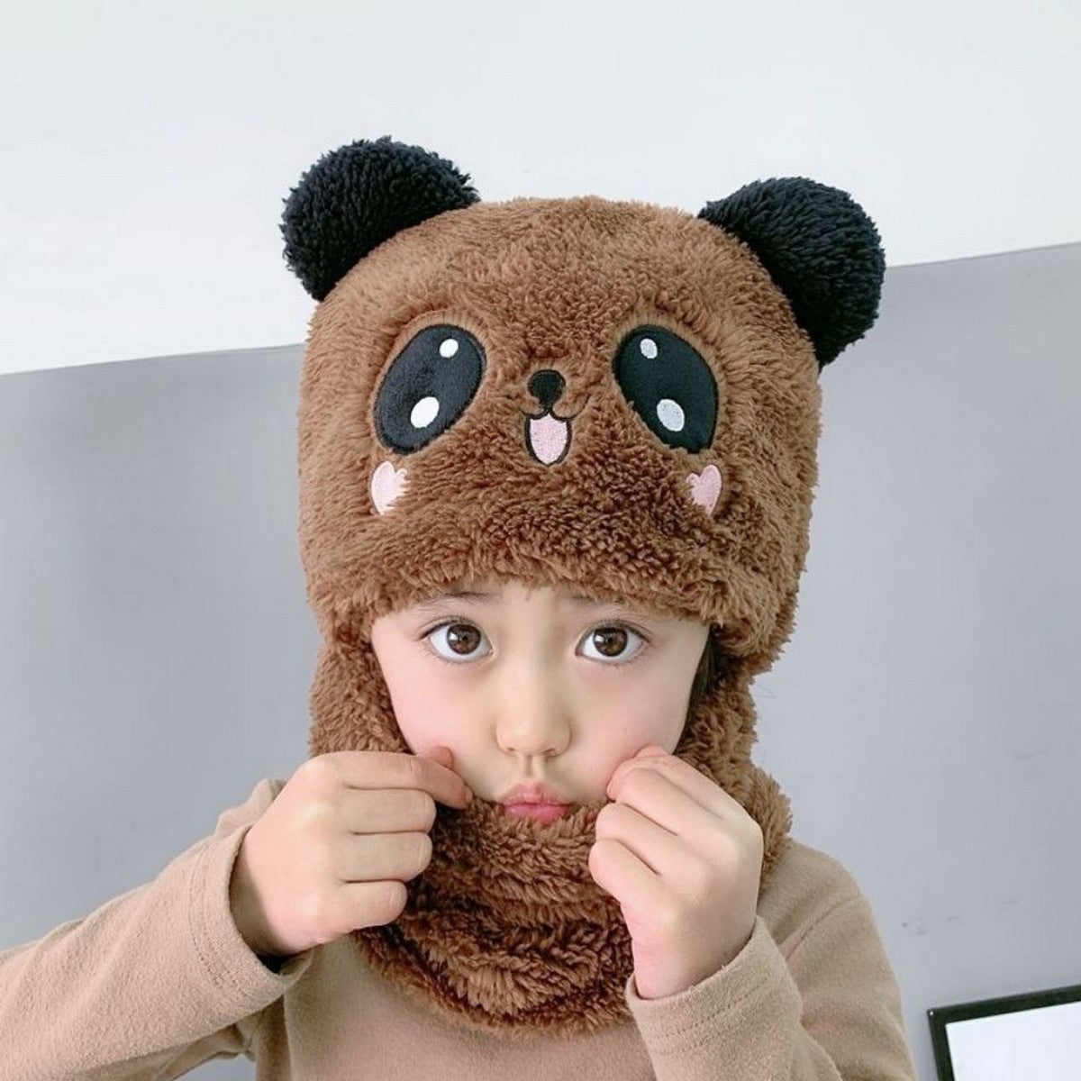 Beanie Wool Cap With Neck Warmer Attached. Kids Wool Cap Cartoon Panda Baby (random Color)