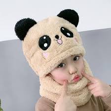 Beanie Wool Cap With Neck Warmer Attached. Kids Wool Cap Cartoon Panda Baby (random Color)